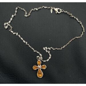 Avon Silver Tone Anklet With An Orange Rhinestone Cross Dainty 12.5”